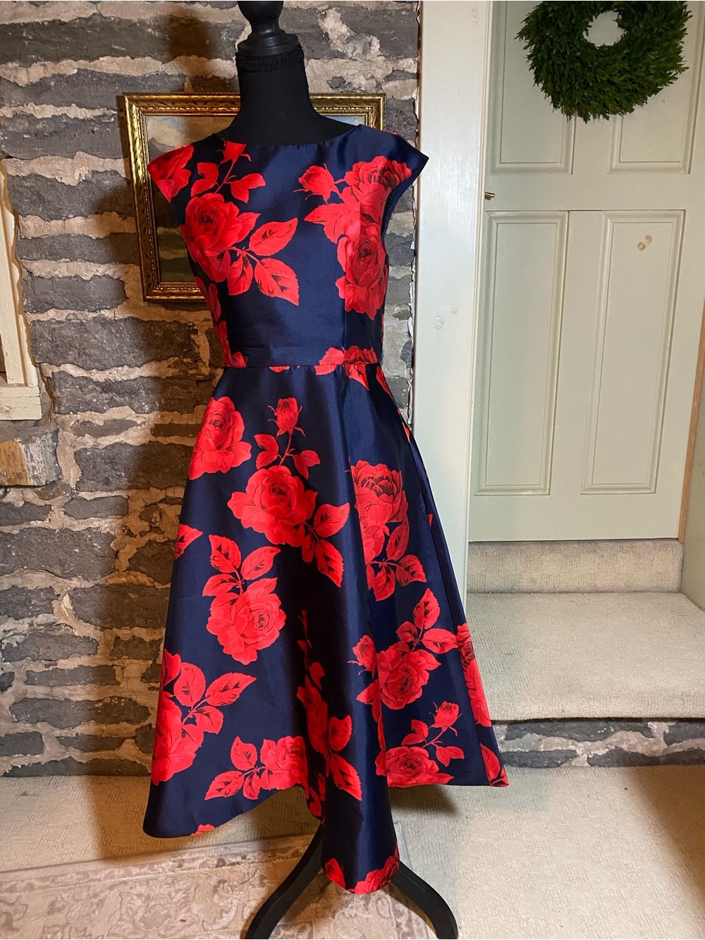 STYLEWE Navy Tea Length Party Dress with Bright Red Floral Accent